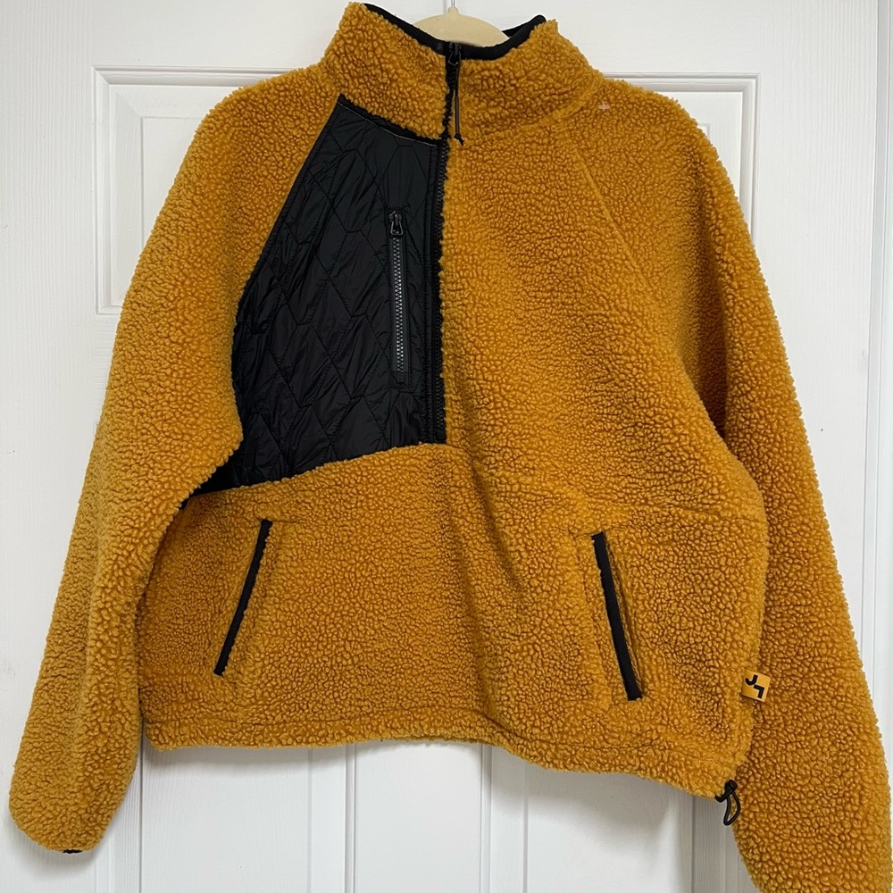 JoyLab Cozy Mustard Sherpa Jacket with Black Accents